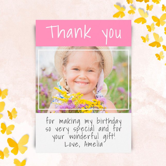 Modern Pink Girl Custom Photo Birthday  Thank You Card (Creator Uploaded)