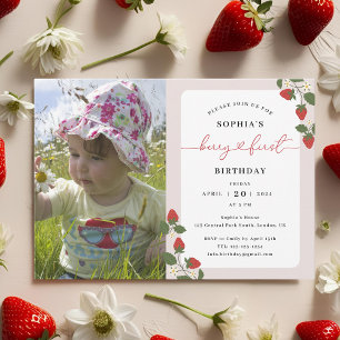 Modern Pink Girl's Berry First Birthday Photo Invitation