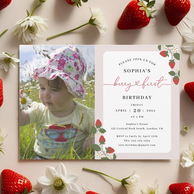 Modern Pink Girl's Berry First Birthday Photo Invitation (Creator Uploaded)