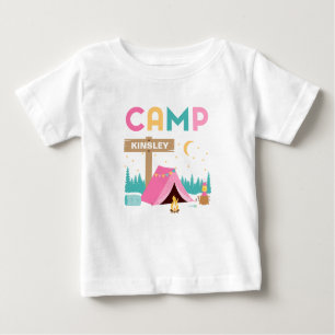 Modern Pink Girls Camping Themed Birthday  Baby T-Shirt