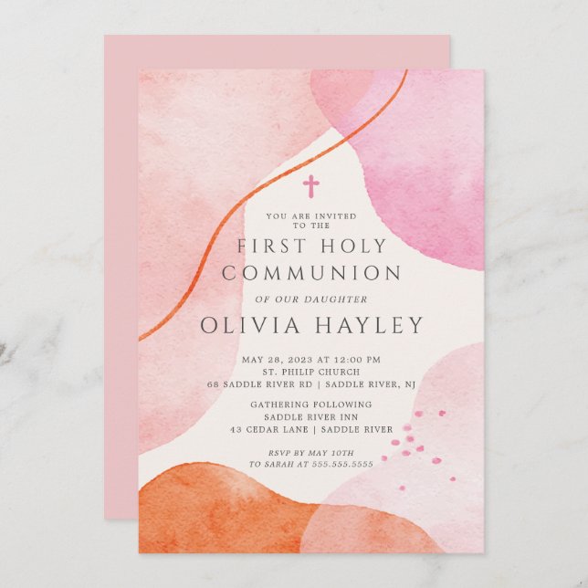 Modern Pink Girls First Communion Invitation (Front/Back)