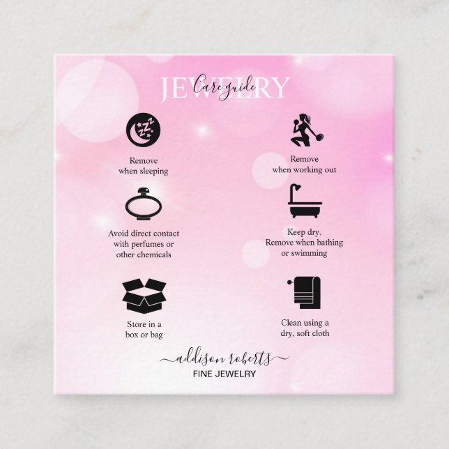 Modern Pink Girly Gradient Jewellery Care Square B Square Business Card (Front)