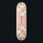 Modern pink girly monogram personalized magnolia skateboard<br><div class="desc">Modern pink girly glitter monogram personalized magnolia floral minimal stylish typography design.</div>