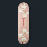 Modern pink girly monogram personalized magnolia skateboard<br><div class="desc">Modern pink girly glitter monogram personalized magnolia floral minimal stylish typography design.</div>