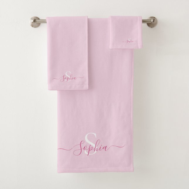 Modern Pink Girly Monogram Stylish Script Name Bath Towel Set (Insitu)