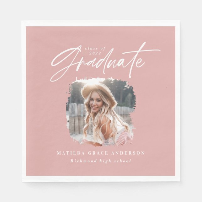 Modern pink girly script photo elegant graduation napkin (Front)
