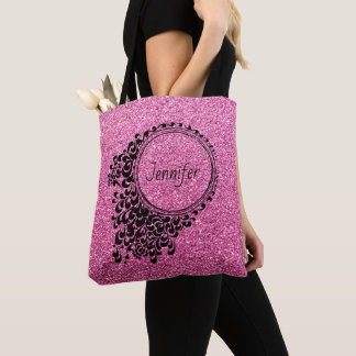 Modern Pink Glitter Black Floral Personalized Tote Bag