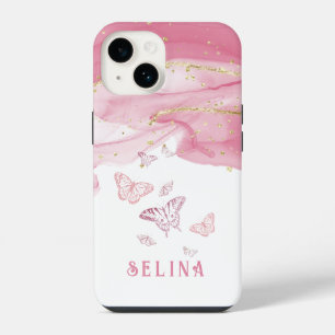 Modern pink glitter chic monogrammed iPhone 14 case