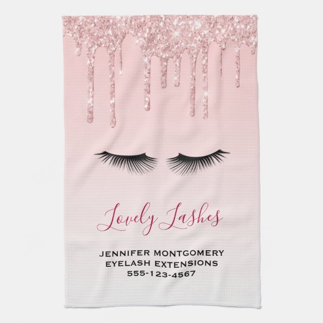 Modern Pink Glitter Drips & Black Eyelashes Biz Tea Towel (Vertical)