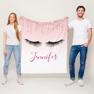 Modern Pink Glitter Drips & Black Eyelashes Fleece Blanket