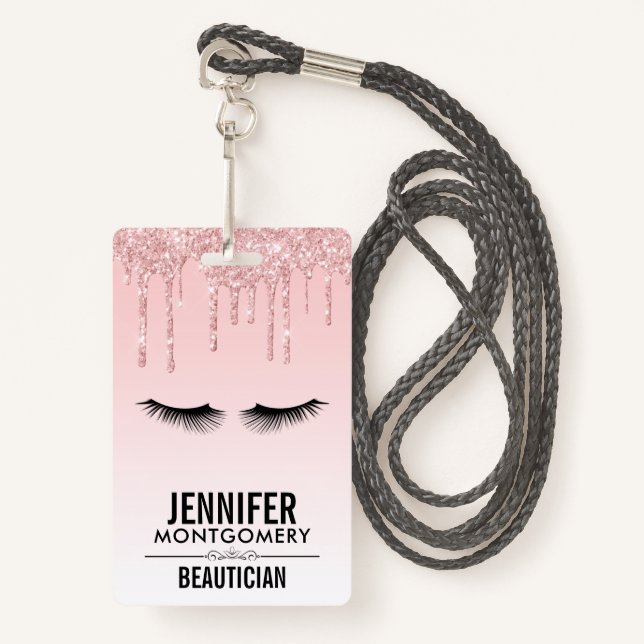 Modern Pink Glitter Drips & Black Eyelashes ID Badge (Front with Lanyard)