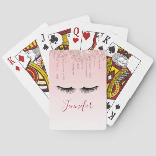 Modern Pink Glitter Drips & Black Eyelashes Playing Cards