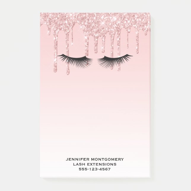 Modern Pink Glitter Drips & Black Eyelashes Post-it Notes (Front)