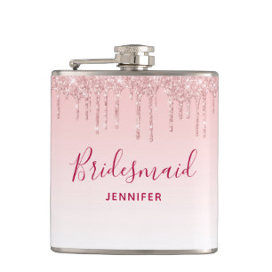 Modern Pink Glitter Drips Bridesmaid Hip Flask
