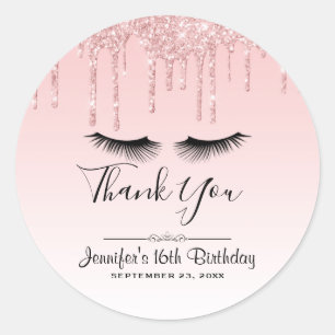 Modern Pink Glitter Drips & Eyelashes Thank You Classic Round Sticker