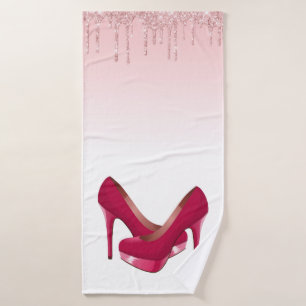 Modern Pink Glitter Drips & High Heels Bath Towel Set