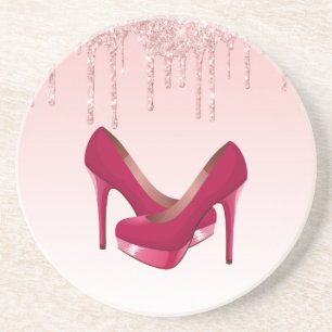Modern Pink Glitter Drips & High Heels Coaster