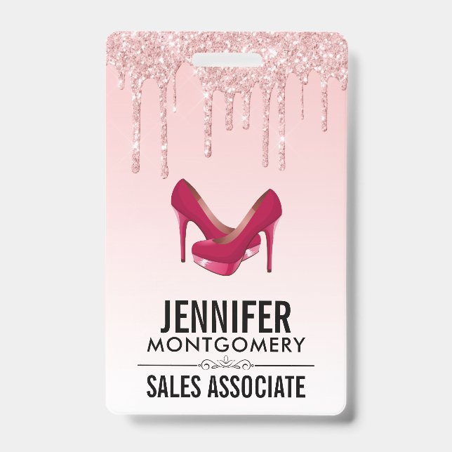 Modern Pink Glitter Drips & High Heels ID Badge (Front)