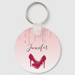 Modern Pink Glitter Drips & High Heels Key Ring