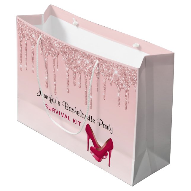 Modern Pink Glitter Drips & High Heels Large Gift Bag (Front Angled)
