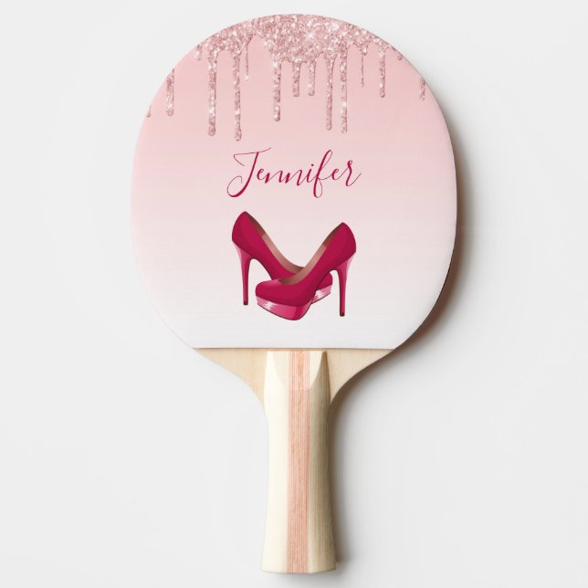 Modern Pink Glitter Drips & High Heels Ping Pong Paddle (Front)