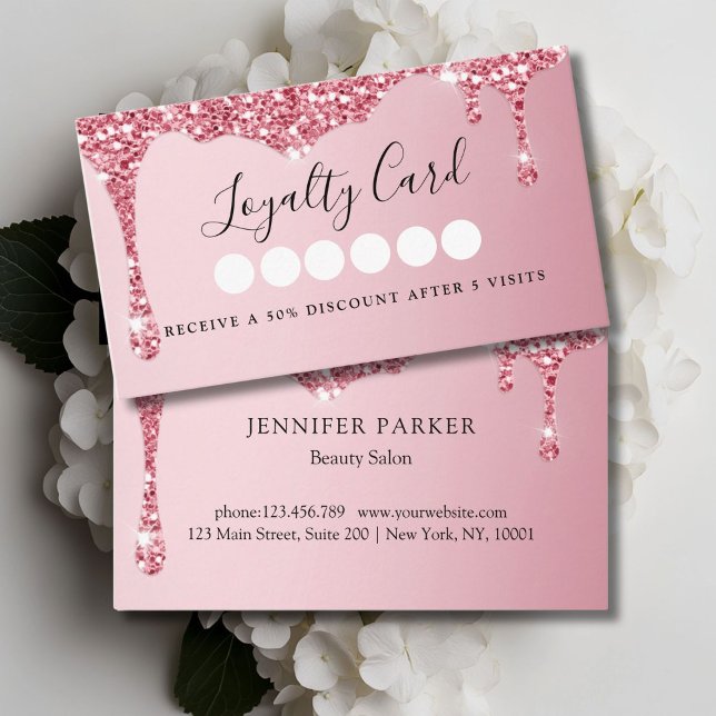 Modern Pink Glitter Drop Salon & Spa Loyalty Business Card (Modern Pink Glitter Drop Salon & Spa Loyalty Business Card)