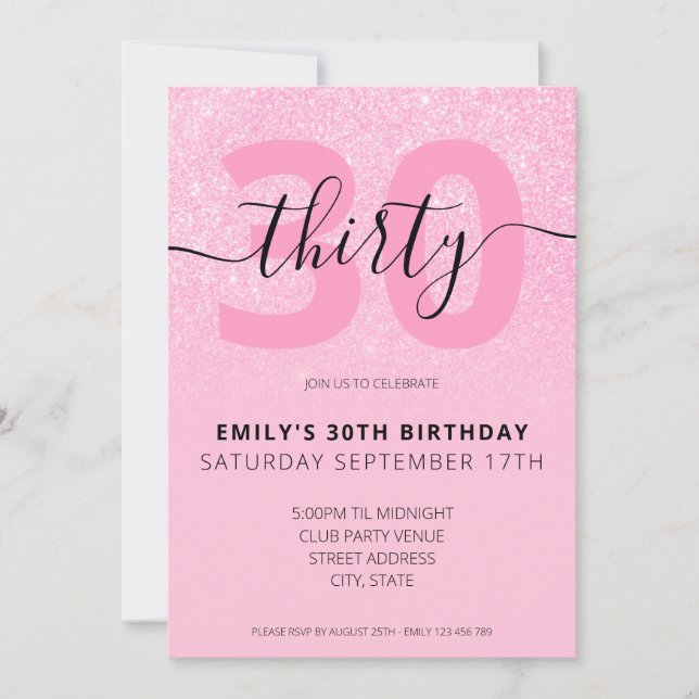 Modern Pink Glitter Elegant Script 30th Birthday Invitation (Front)