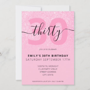 Modern Pink Glitter Elegant Script 30th Birthday Invitation
