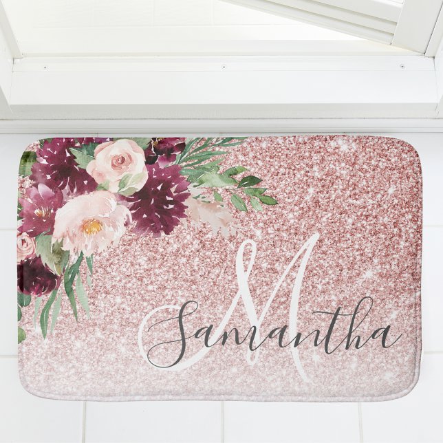 Modern Pink Glitter & Flower Sparkle With Name  Bath Mat (Creator Uploaded)