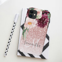 Modern Pink Glitter & Flower Sparkle With Name 