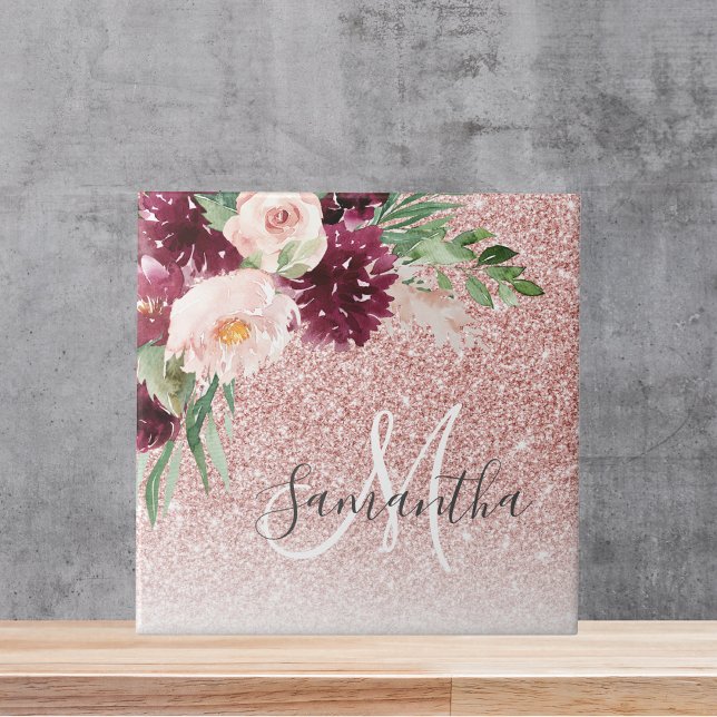 Modern Pink Glitter & Flower Sparkle With Name  Ceramic Tile (Creator Uploaded)
