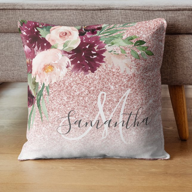Modern Pink Glitter & Flower Sparkle With Name  Cushion (Creator Uploaded)