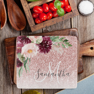 Modern Pink Glitter & Flower Sparkle With Name  Cutting Board