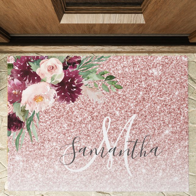 Modern Pink Glitter & Flower Sparkle With Name  Doormat (Creator Uploaded)