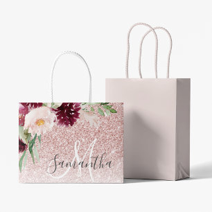 Modern Pink Glitter & Flower Sparkle With Name  Large Gift Bag