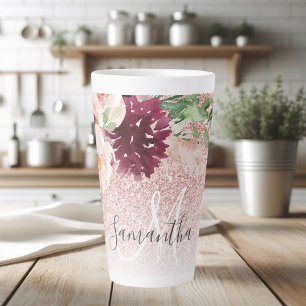 Modern Pink Glitter & Flower Sparkle With Name  Latte Mug