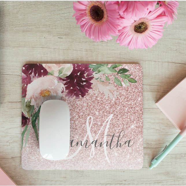 Modern Pink Glitter & Flower Sparkle With Name  Mouse Pad (Creator Uploaded)