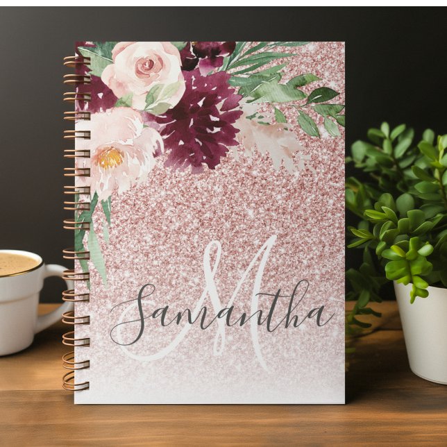 Modern Pink Glitter & Flower Sparkle With Name  Notebook (Creator Uploaded)