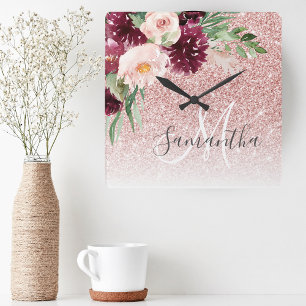 Modern Pink Glitter & Flower Sparkle With Name  Square Wall Clock