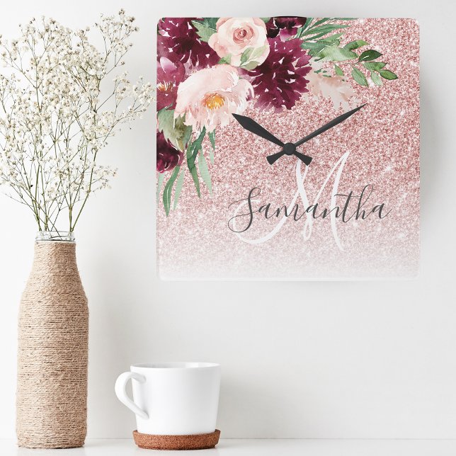 Modern Pink Glitter & Flower Sparkle With Name  Square Wall Clock (Creator Uploaded)