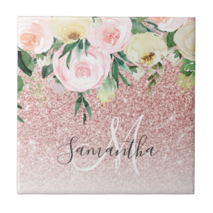 Modern Pink Glitter & Flowers Sparkle With Name Ceramic Tile
