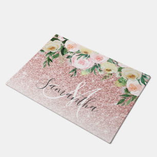 Modern Pink Glitter & Flowers Sparkle With Name Doormat