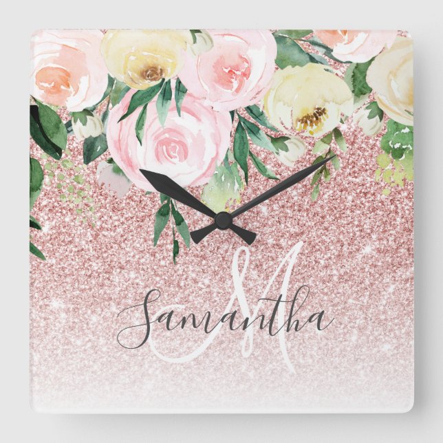 Modern Pink Glitter & Flowers Sparkle With Name Square Wall Clock (Front)