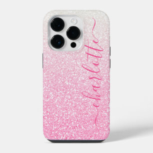 Modern Pink Glitter Girly Chic Personalised Name iPhone 14 Pro Case