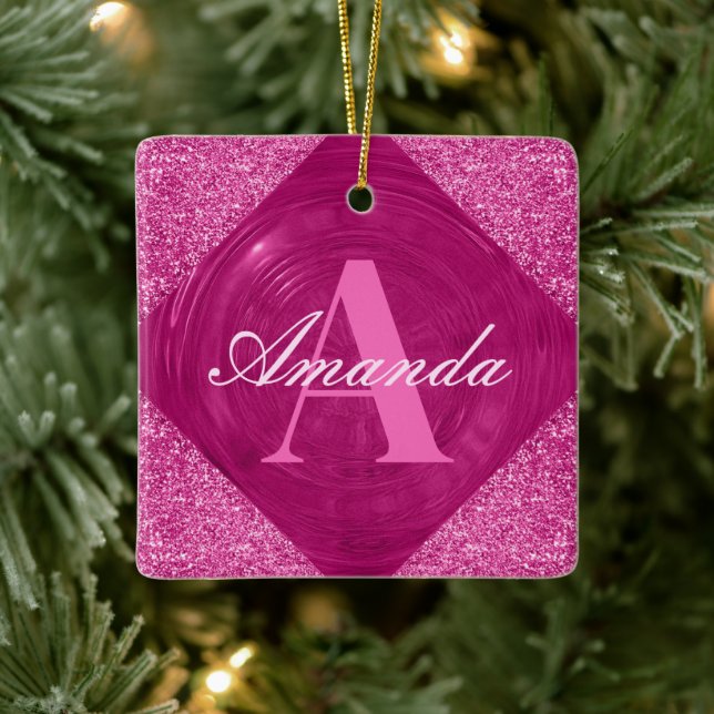 Modern Pink Glitter Girly Monogram Ceramic Ornament (Tree)