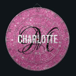 Modern pink glitter monogram name dart board<br><div class="desc">Modern pink glitter dart board with a white typography name and black monogram. Personalise with name and initial.</div>