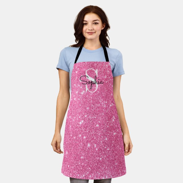 Modern Pink Glitter Monogram Personalised Name Apron (Worn)