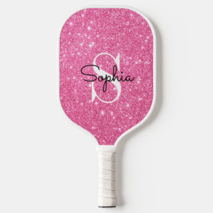 Modern Pink Glitter Monogram Personalised Name Pickleball Paddle