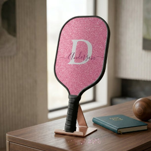 Modern Pink Glitter Monogram Personalised Name Pickleball Paddle