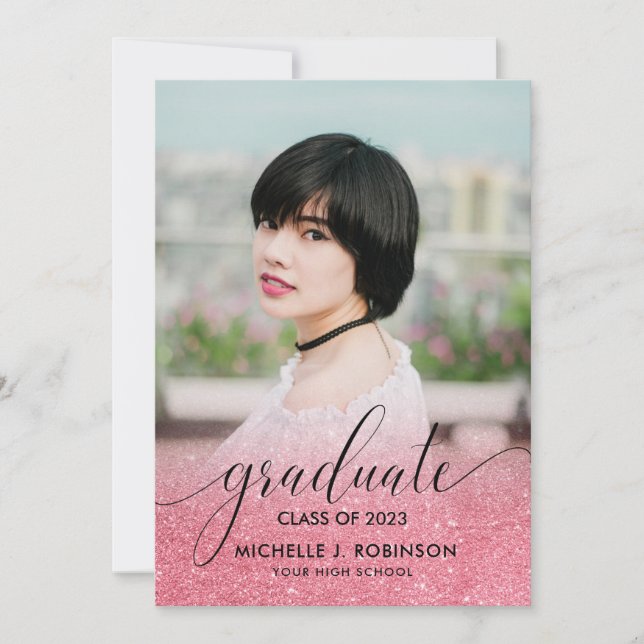 Modern Pink Glitter Ombre Girly Photo Graduation Announcement (Front)